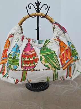 Vintage Bird, Cotton Barkcloth Handbag With Bamboo Handles!